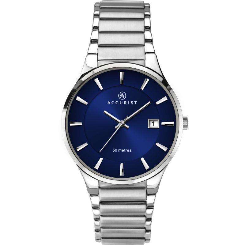 Men’s quartz watch with blue dial, stainless steel bracelet, baton hour markers.