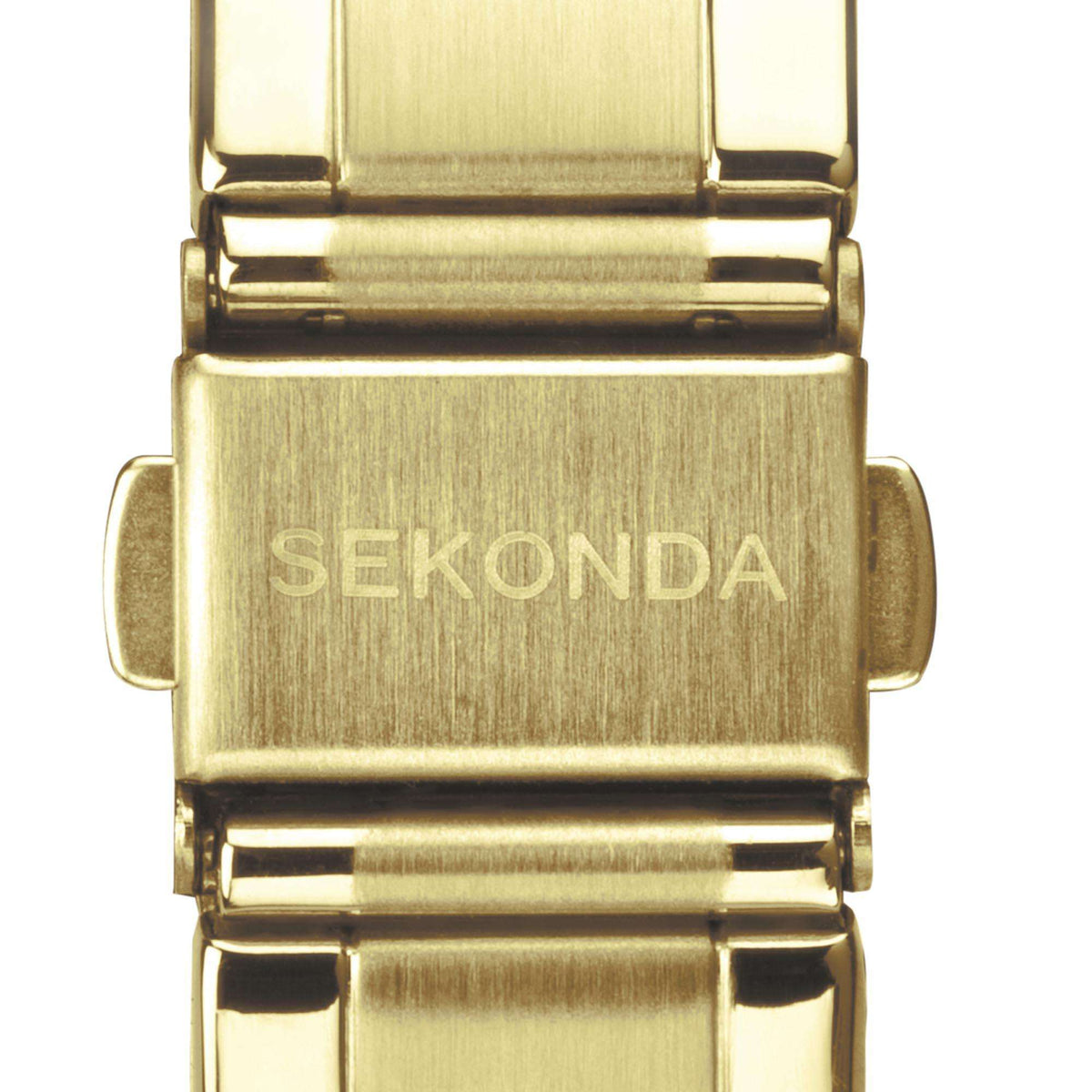 Gold-tone metal bracelet clasp with SEKONDA engraving on the watch case.