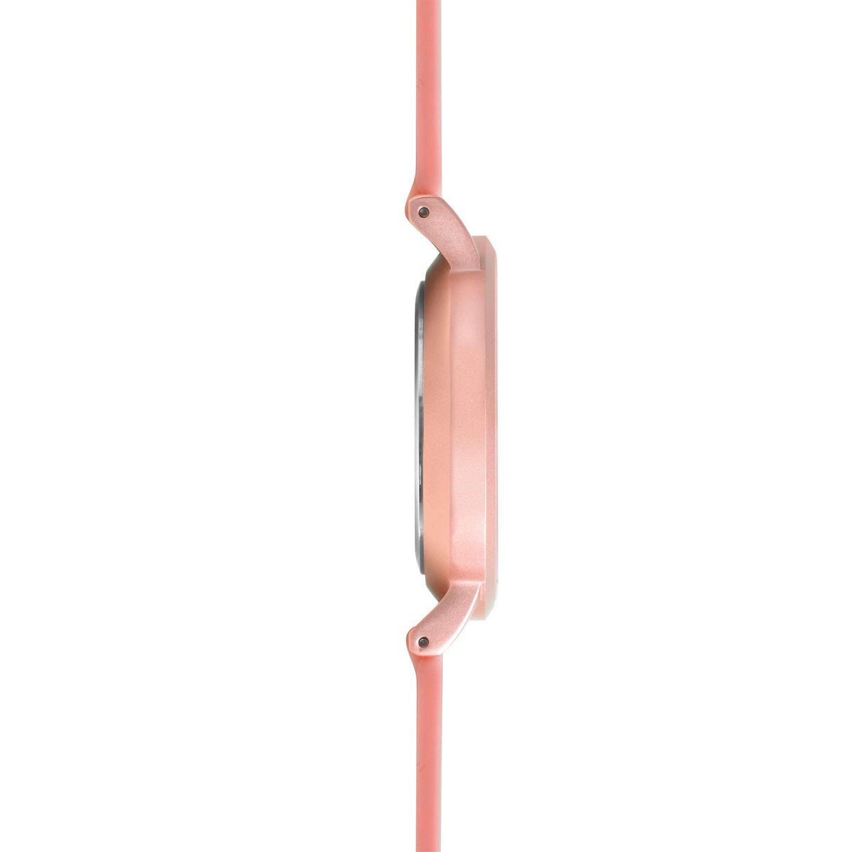 Pink silicone strap watch shown from the side with round case profile