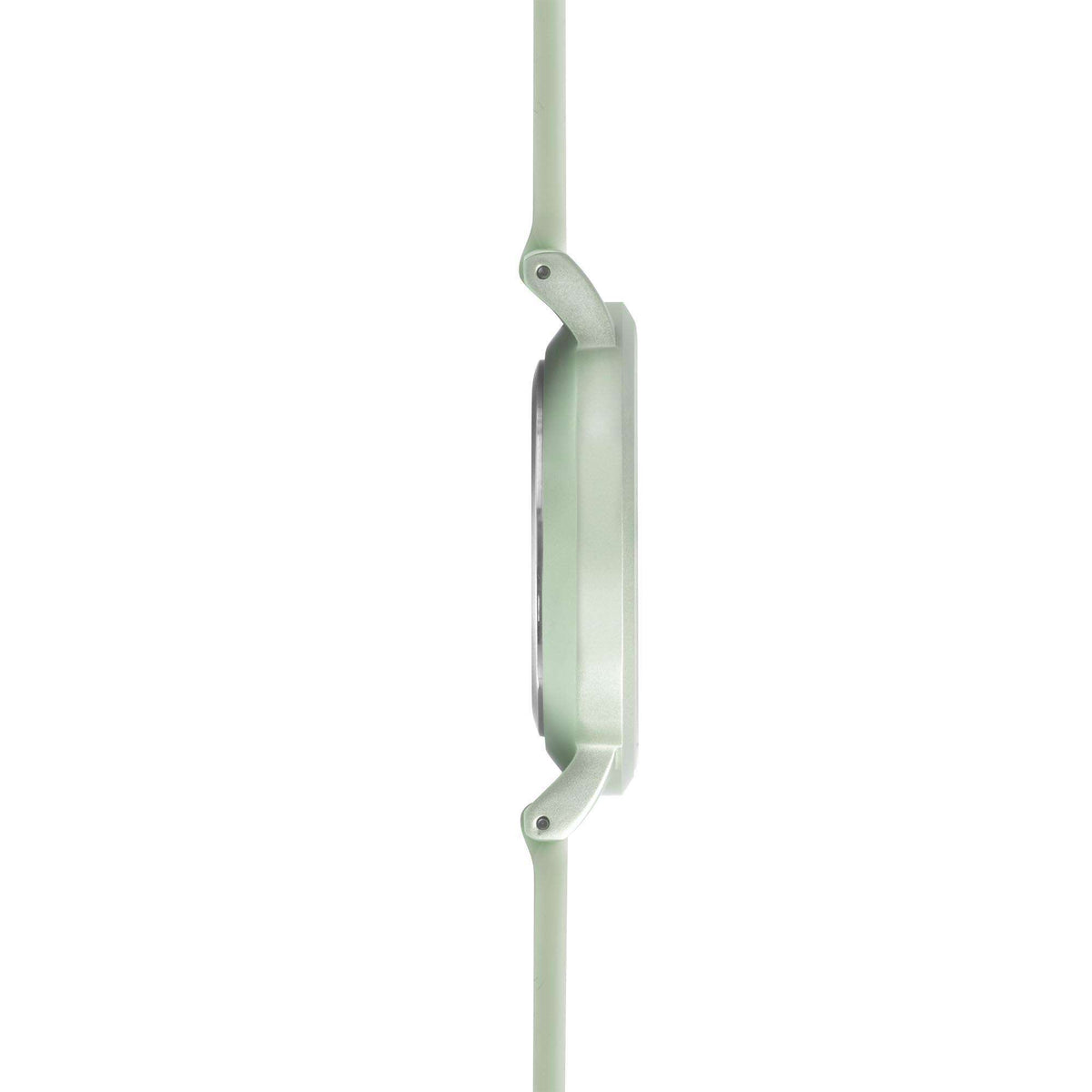 Light green watch opposite side profile with strap lugs and metal details