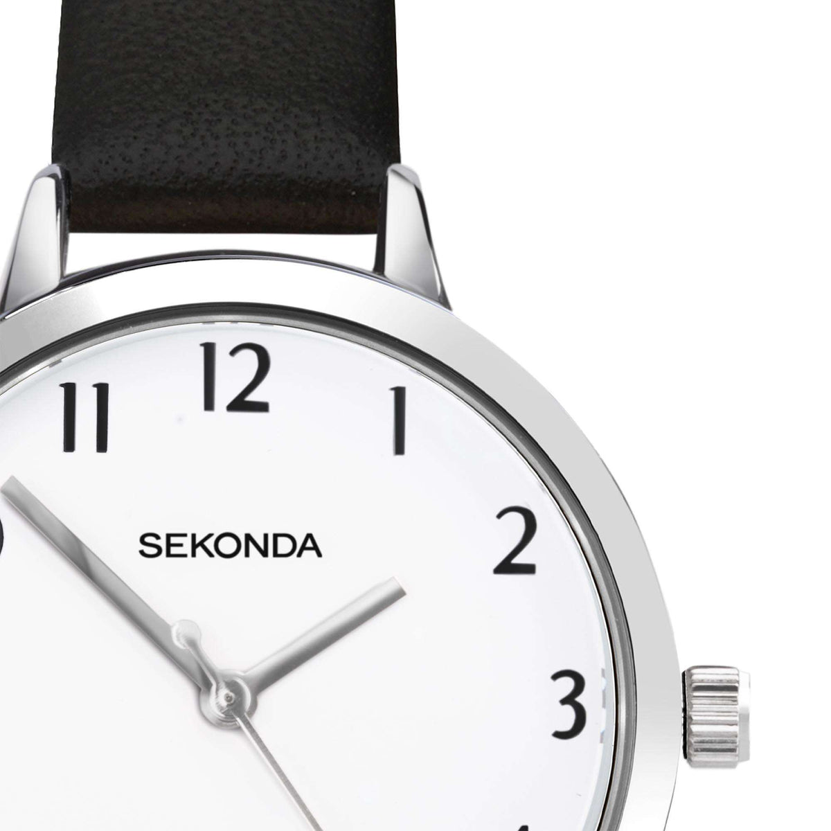 White watch face with black Roman numerals, Sekonda logo, and silver hands