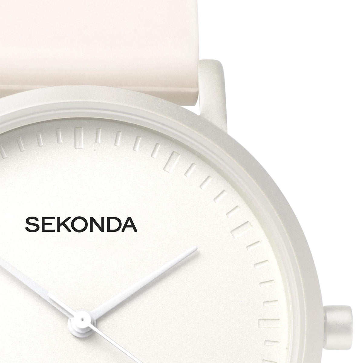 Close-up of Sekonda white dial quartz watch with minimalist hands and markers