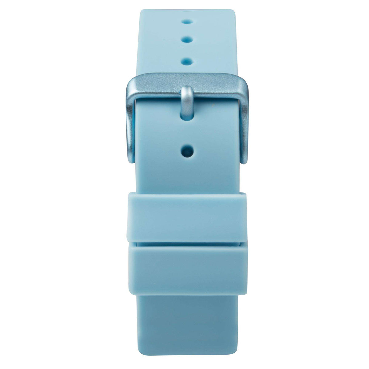 Light blue ladies quartz watch with silicone strap, round blue case, and two strap holes.