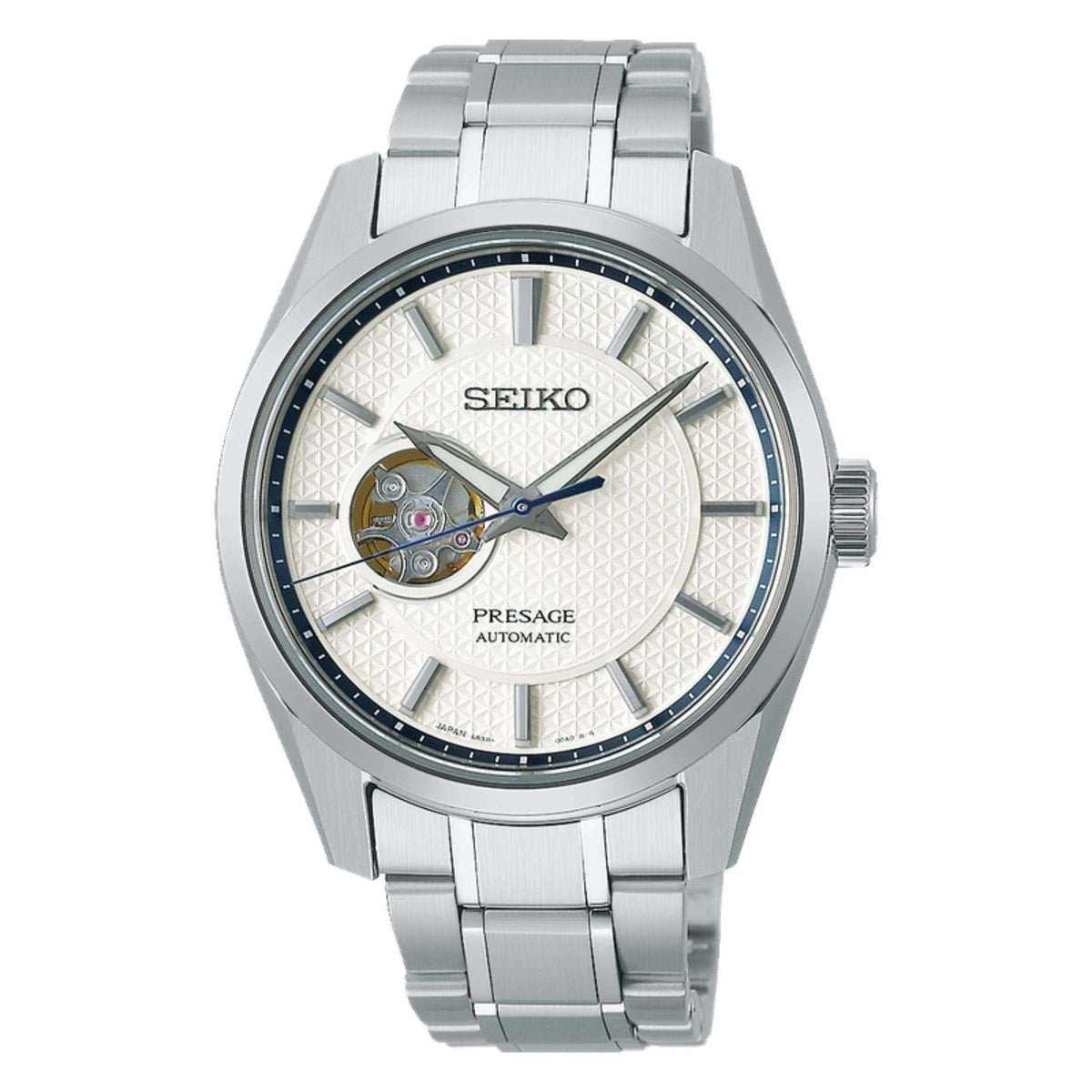 Stainless steel automatic men's watch with white textured dial and metal bracelet