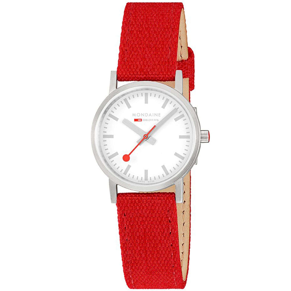 Women's quartz watch with white dial, silver case, red textile strap
