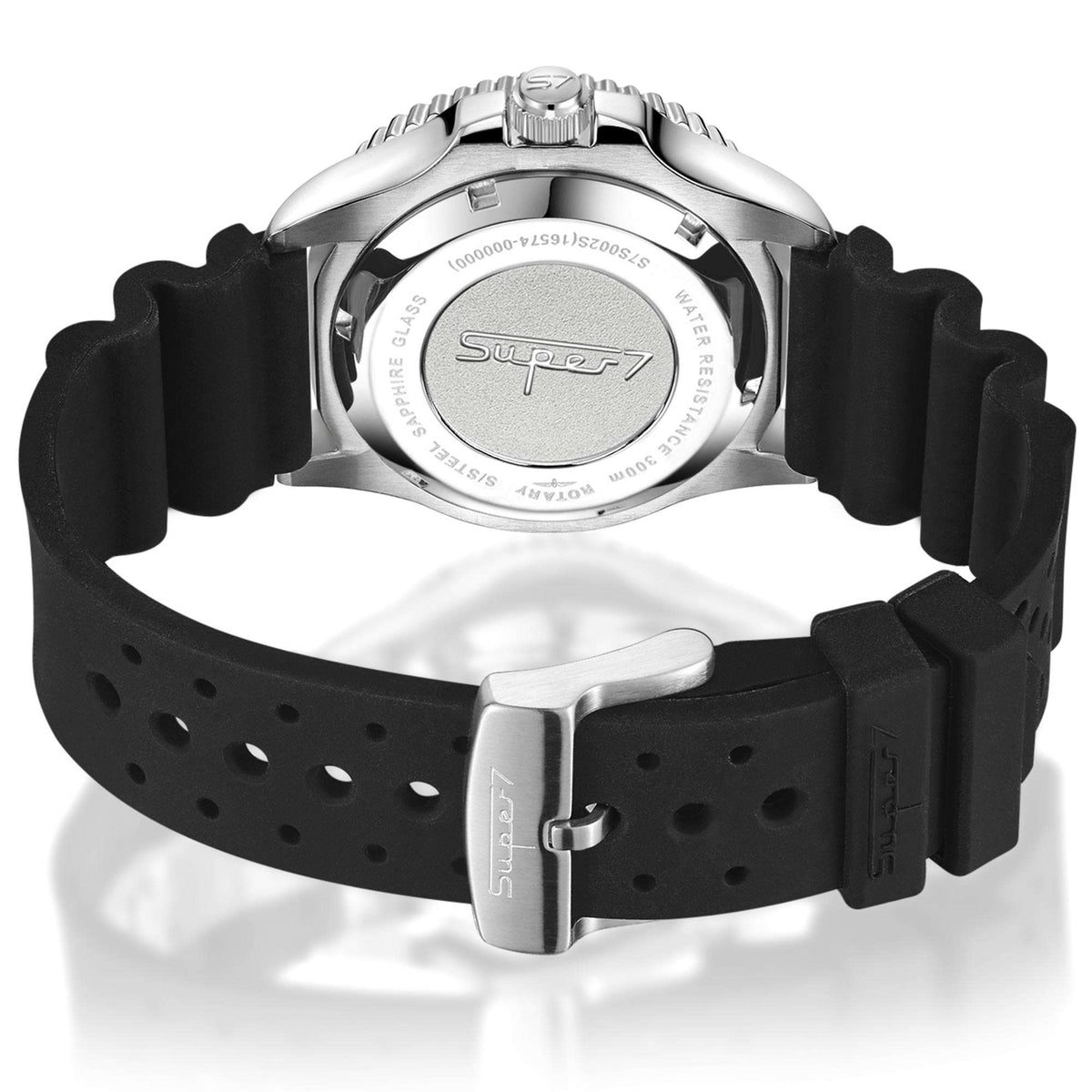 Men's dive watch back view with black silicone strap and metal clasp, 'Super7' caseback