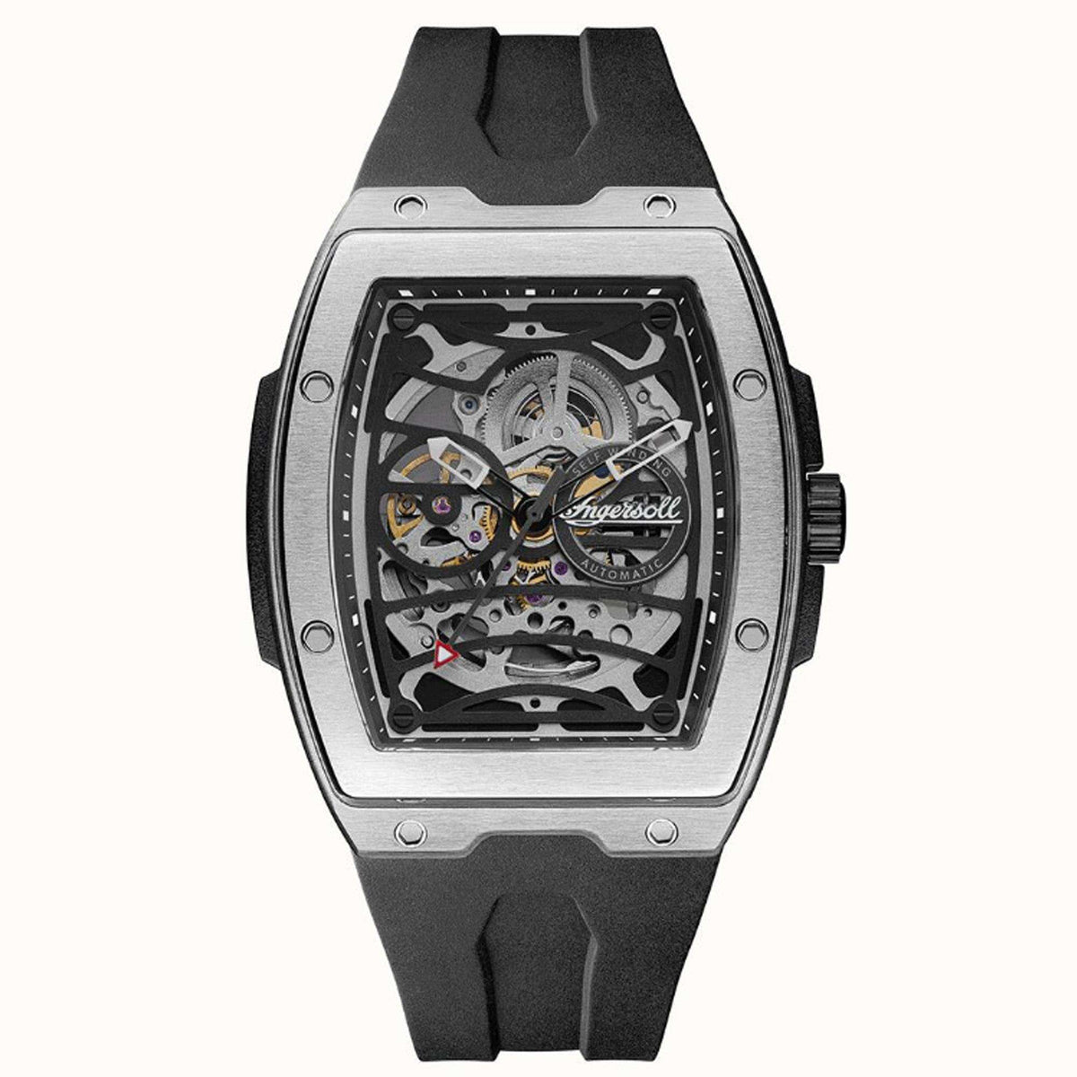 Men's skeleton watch with black rubber strap, stainless steel case, see-through dial