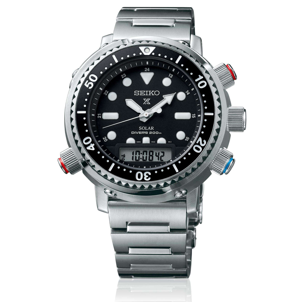 Stainless steel divers watch with black dial, rotating bezel, and metal bracelet