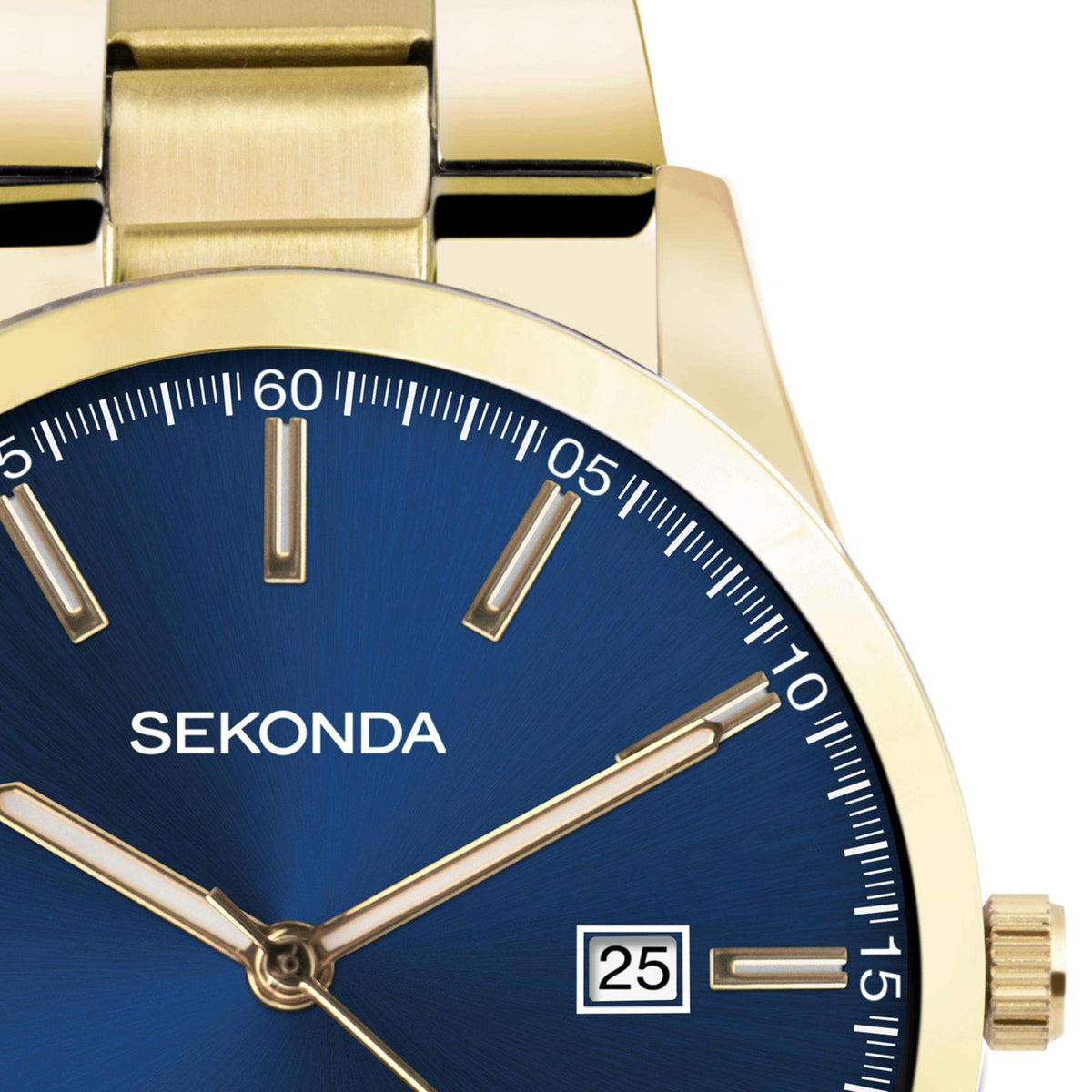 Blue dial quartz wristwatch with gold-tone hands, markers, and date window at 25