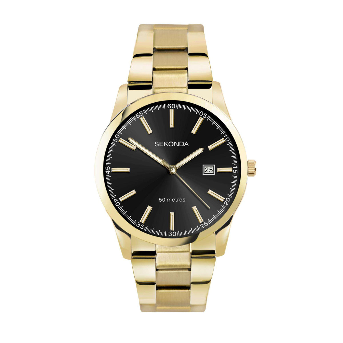 Men's gold PVD quartz wristwatch with black dial, gold hands, date window on bracelet