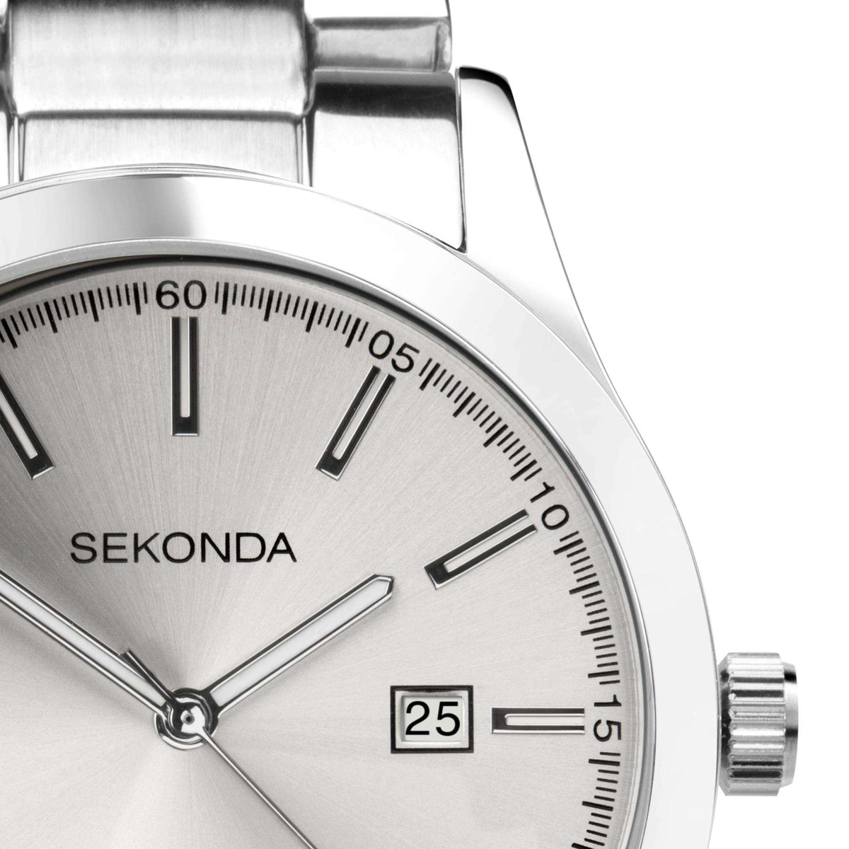 Silver dial watch close-up with baton indexes, 'SEKONDA' text, and 25 date window