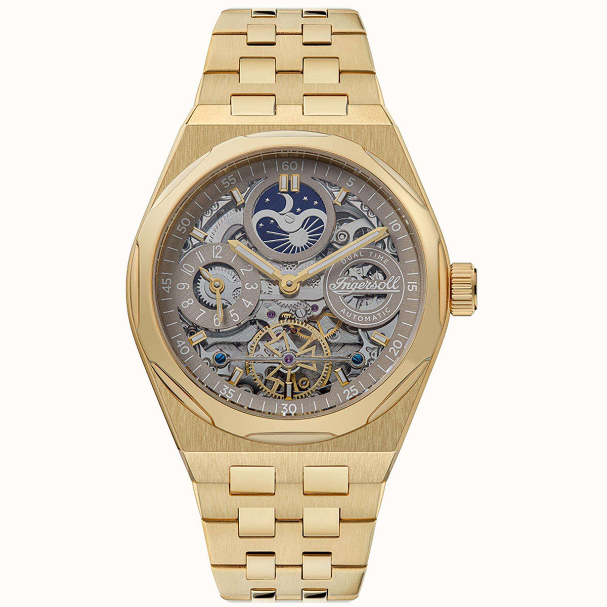 Gold-tone automatic skeleton men's watch with blue moon-phase dial and link bracelet