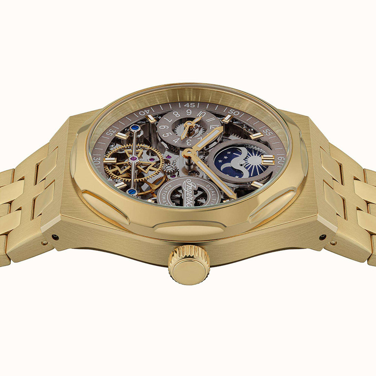 Gold-tone automatic men's watch caseback with exposed gears and crown at 3 o'clock