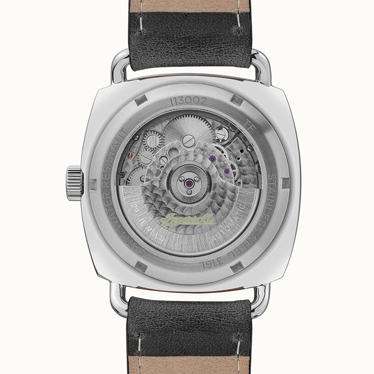 Automatic watch caseback with exposed movement, grey interior dial, and black leather strap