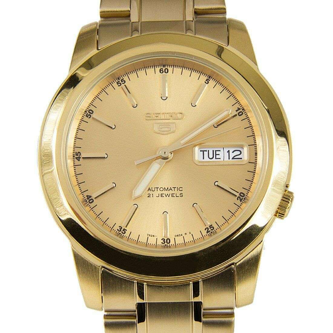 Gold-tone automatic men's watch close-up with gold dial and date window (TUE 12)
