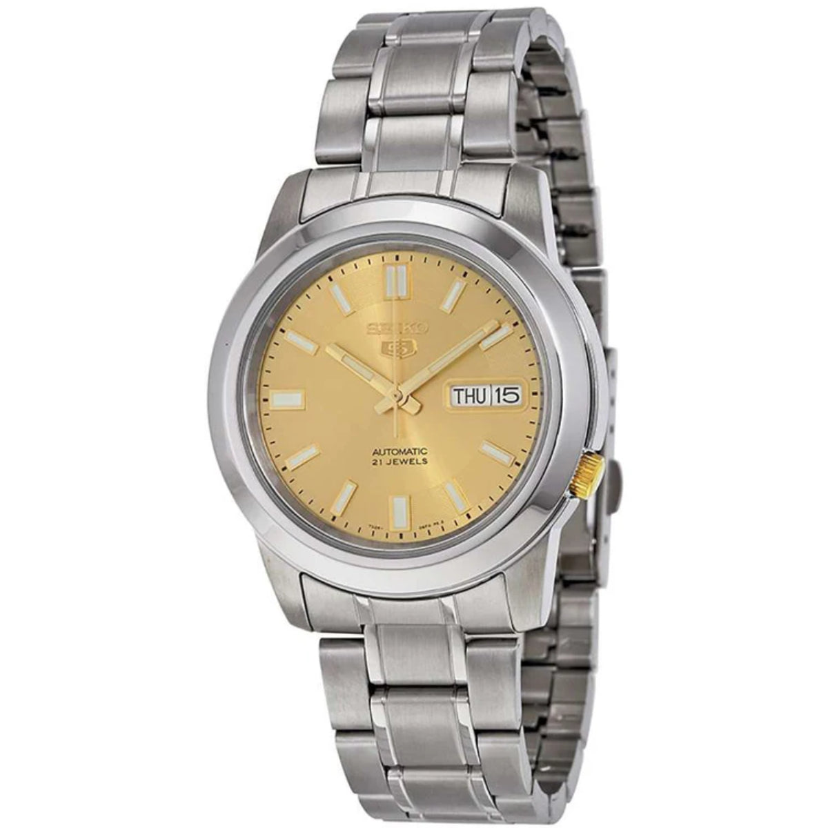 Seiko 5 37mm Automatic Gold Dial Steel Strap Mens Watch SNKK13K1