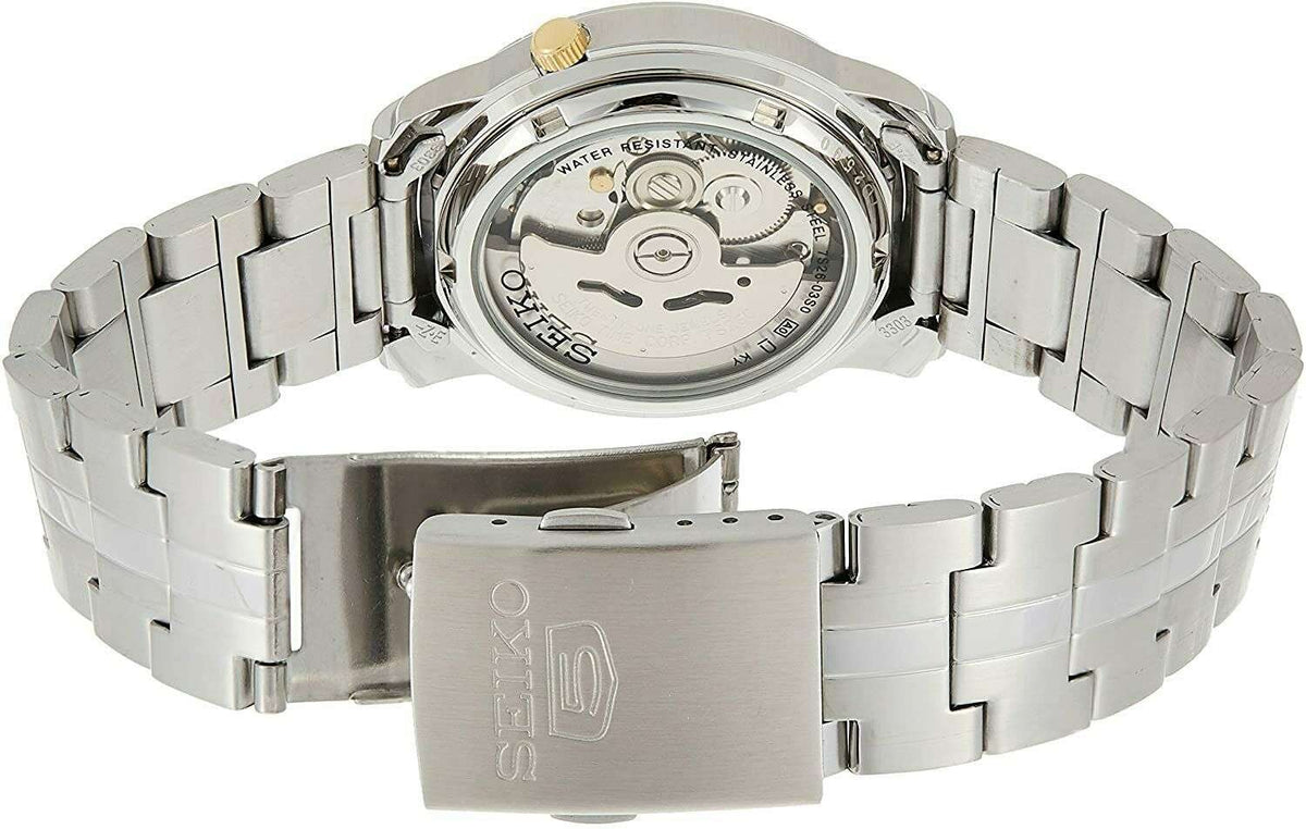 Stainless steel men's watch with engraved case back and metal link bracelet