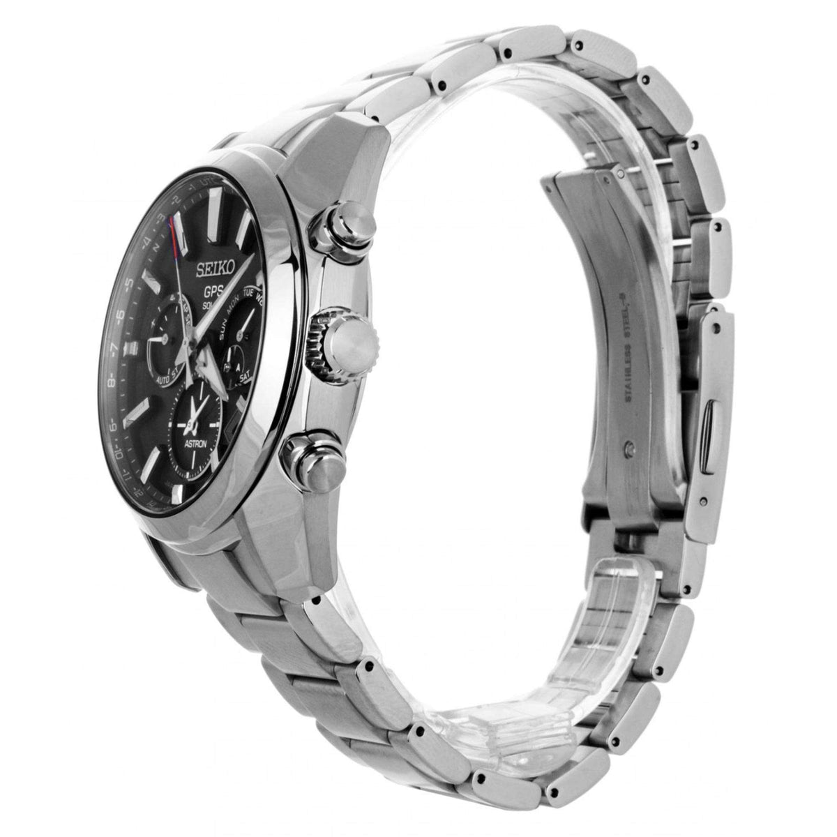 Men's Seiko GPS Solar watch caseback view with stainless steel bracelet