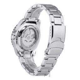 Back view of stainless steel automatic men’s watch on metal bracelet