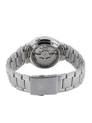 Stainless steel Seiko watch back with textured case and linked metal bracelet.