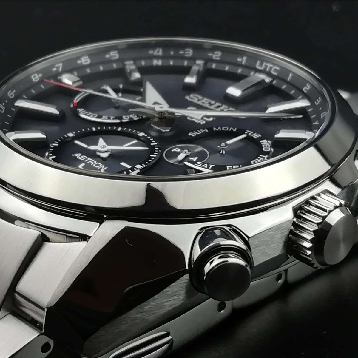 Men's Seiko GPS Solar watch close-up, black dial with subdials and stainless steel case