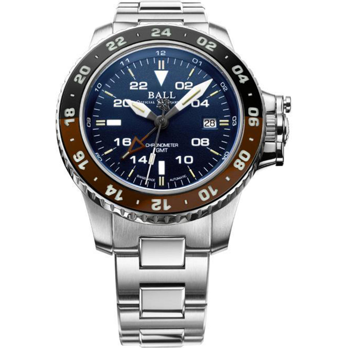 Men's automatic wrist watch with blue dial, stainless steel bracelet, and rotating bezel