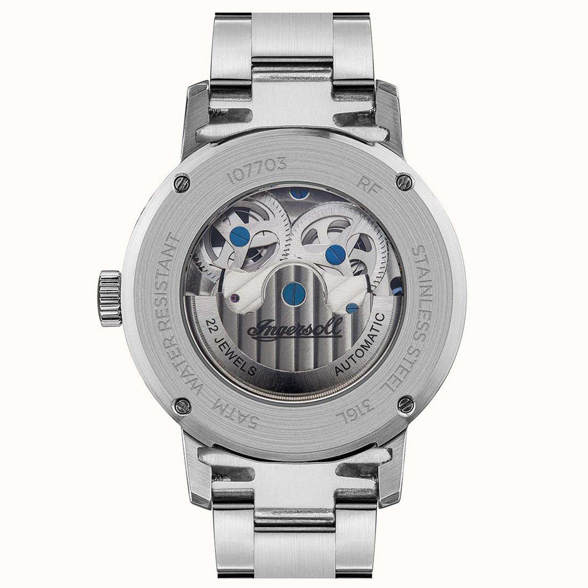 Stainless steel watch caseback with engraved markings and blue components