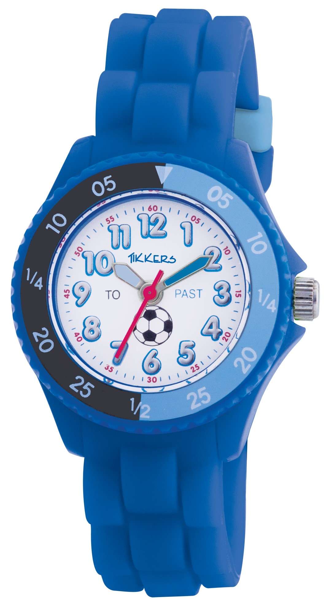 Boys blue plastic strap watch with white dial and soccer ball accent