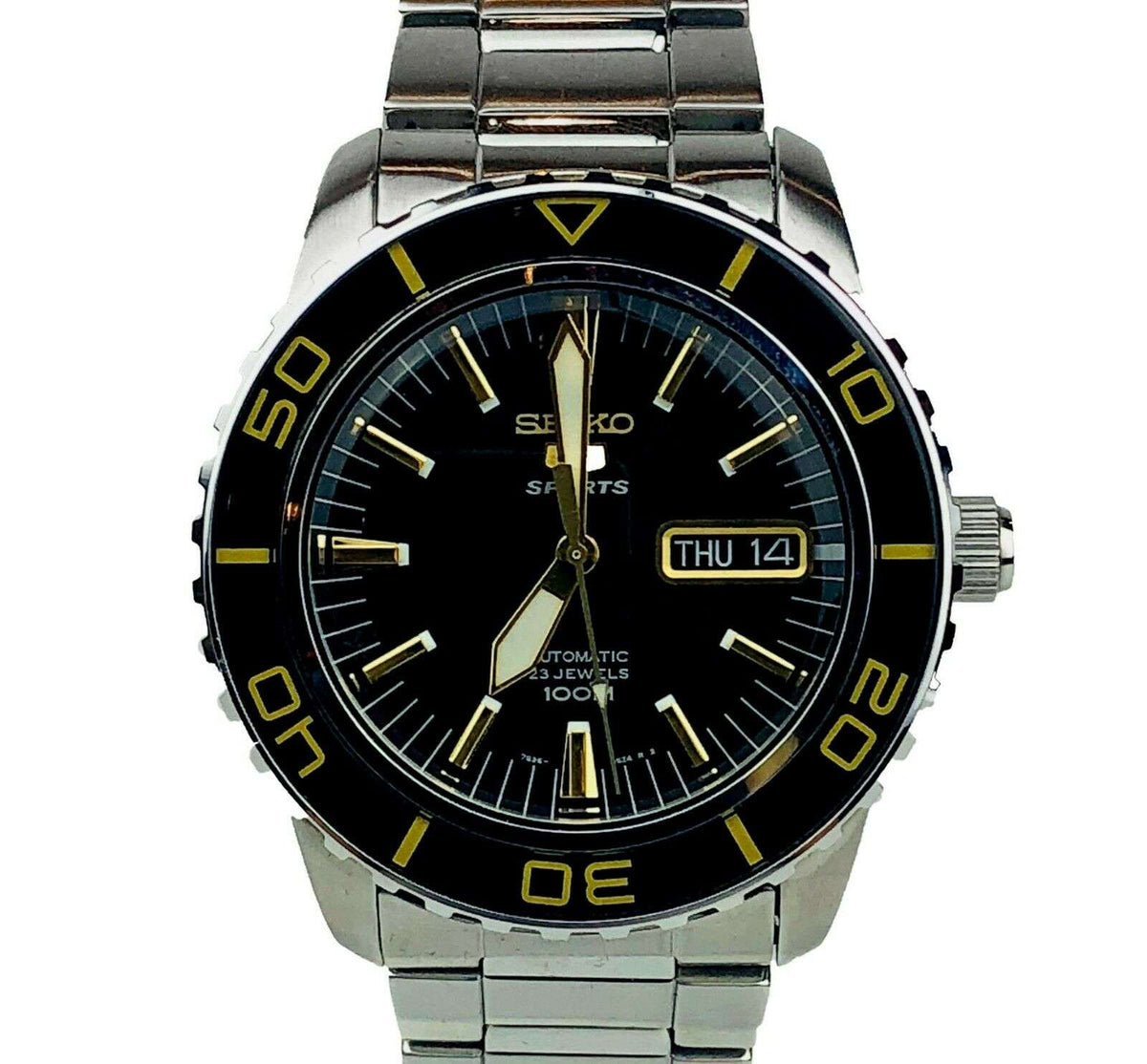 Men's stainless steel automatic watch front view, black dial with gold markers and date window