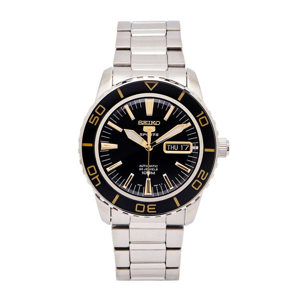 Seiko Sports automatic men's watch with black dial, gold markers, and stainless steel bracelet