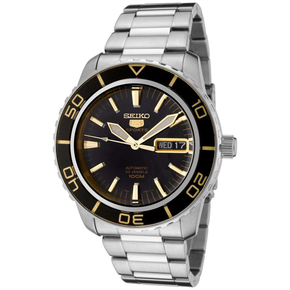 Seiko Sports automatic men's watch with black dial, gold details, and steel bracelet