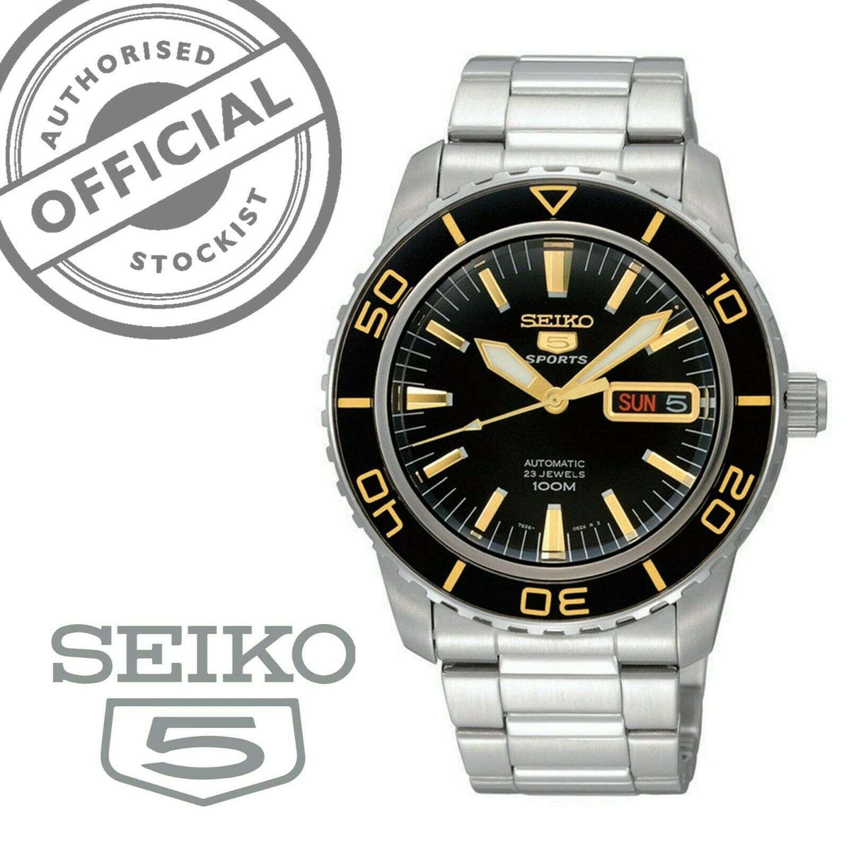 Seiko Sports automatic men's watch with black dial, gold accents, and steel bracelet