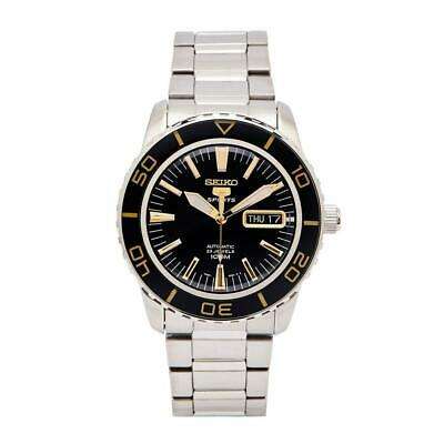 Men's stainless steel automatic watch front view, black dial with gold markers and date window