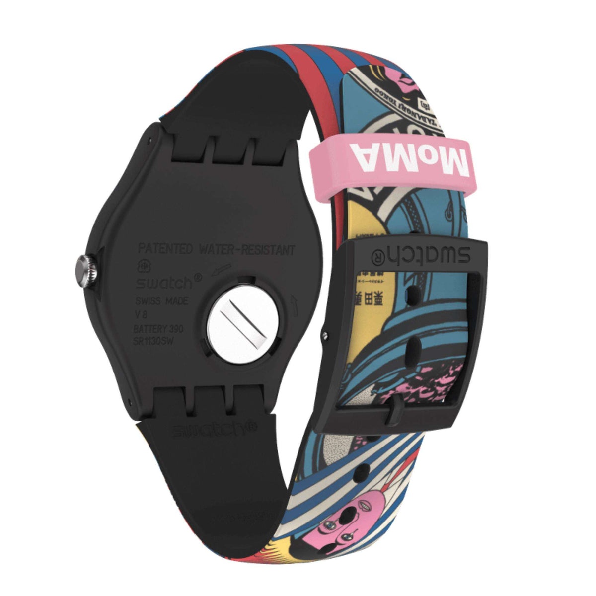 Ladies watch with black case and colorful silicone strap, side angle view
