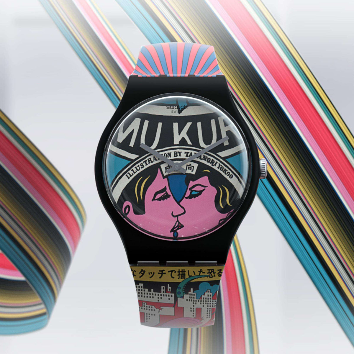 Ladies silicone strap quartz watch with black case and colorful graphic dial