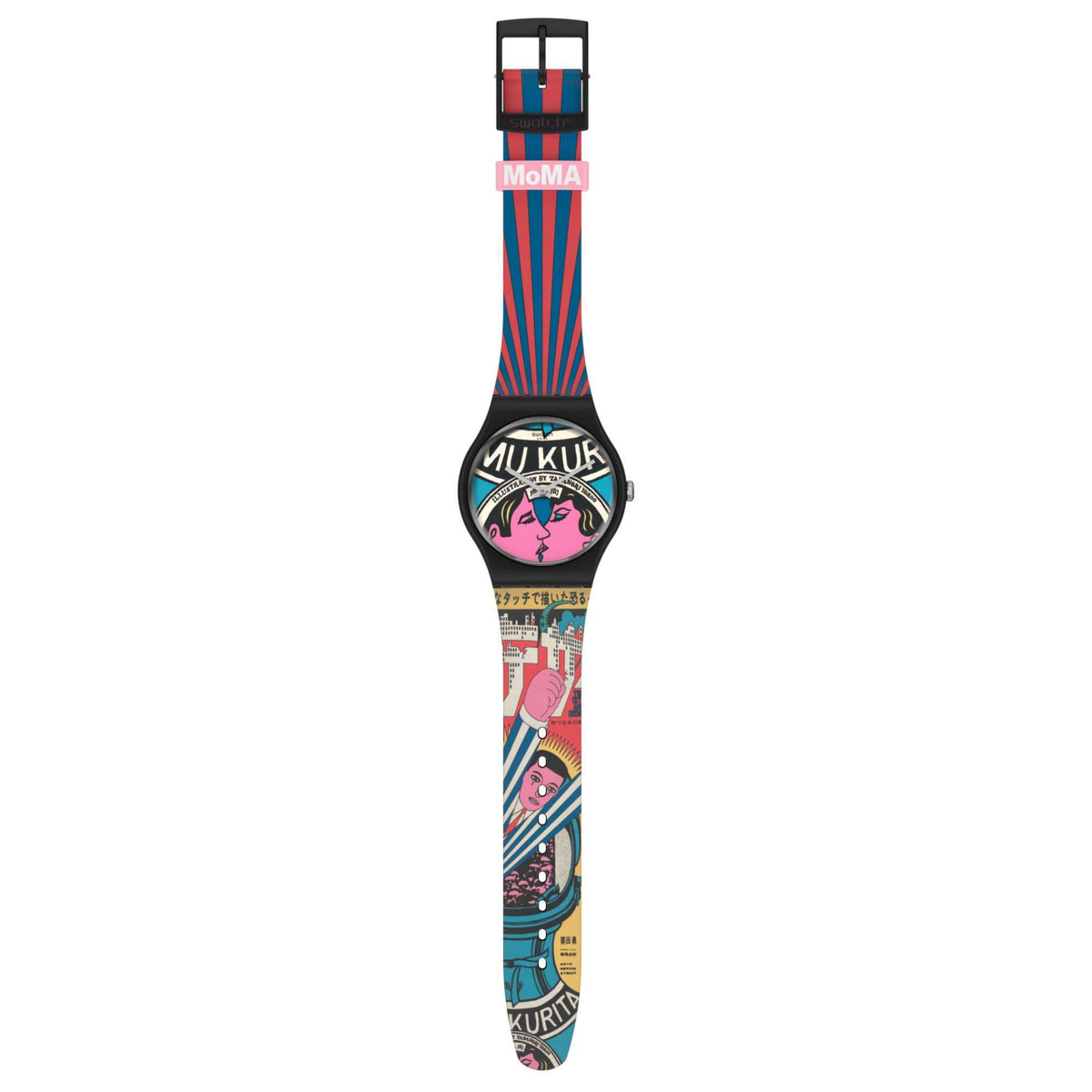 Ladies quartz watch with long colorful silicone strap and black round dial