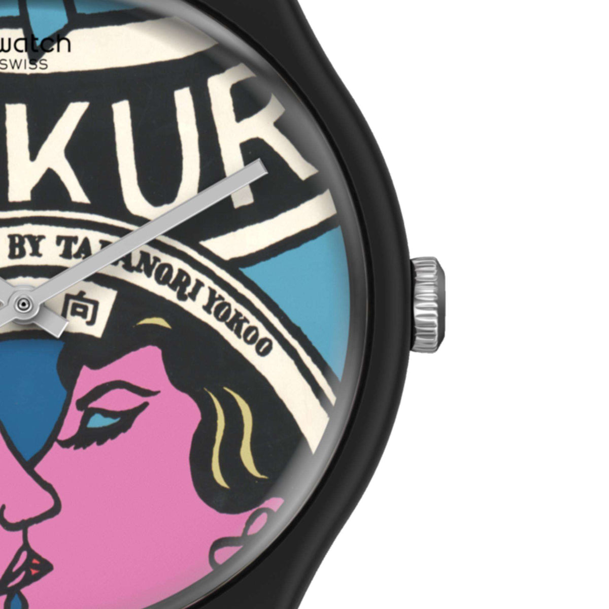 Close-up of black watch bezel with pink graphic dial and side crown