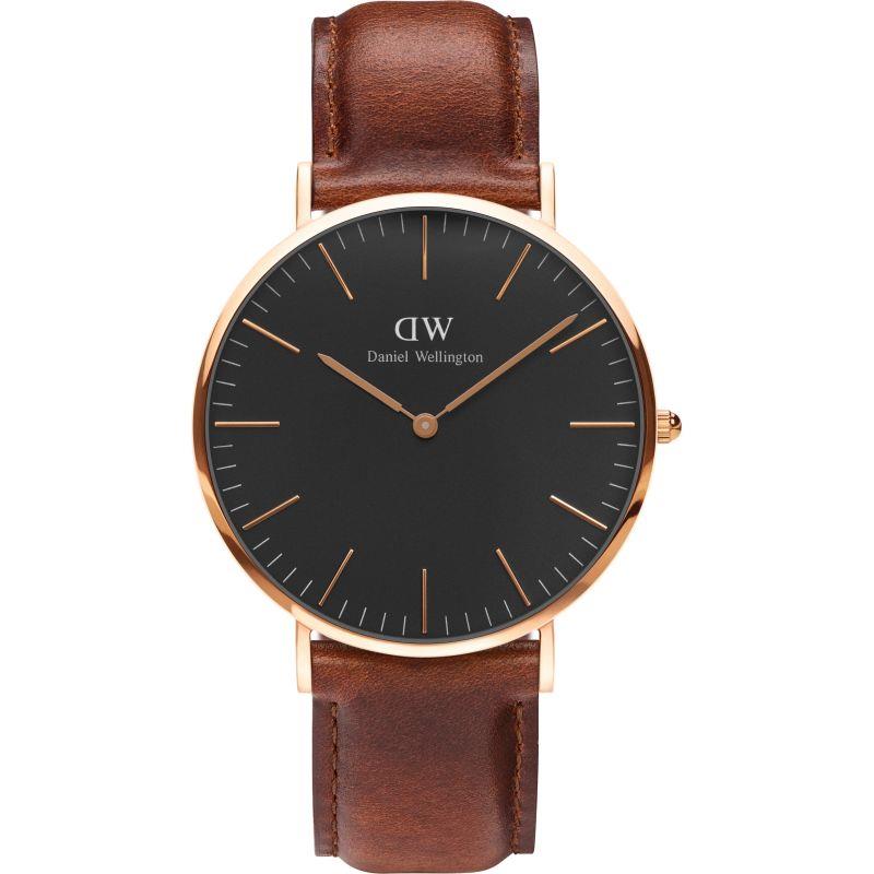 Men's round quartz watch with black dial, gold-tone case, and brown leather strap