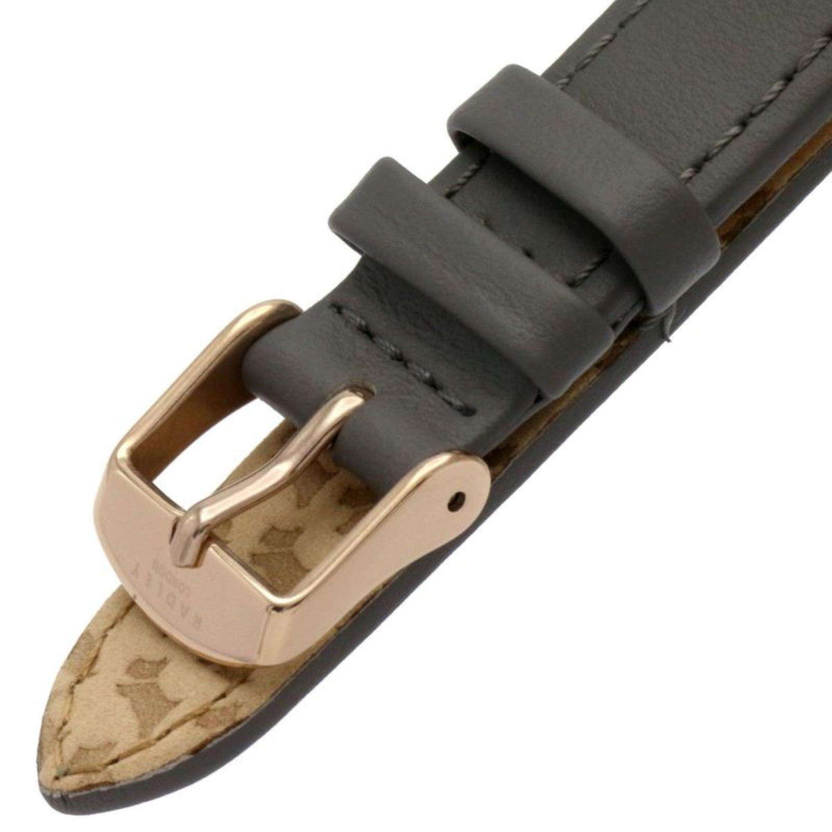 Grey leather watch strap with rose-gold tone buckle and stitched ends