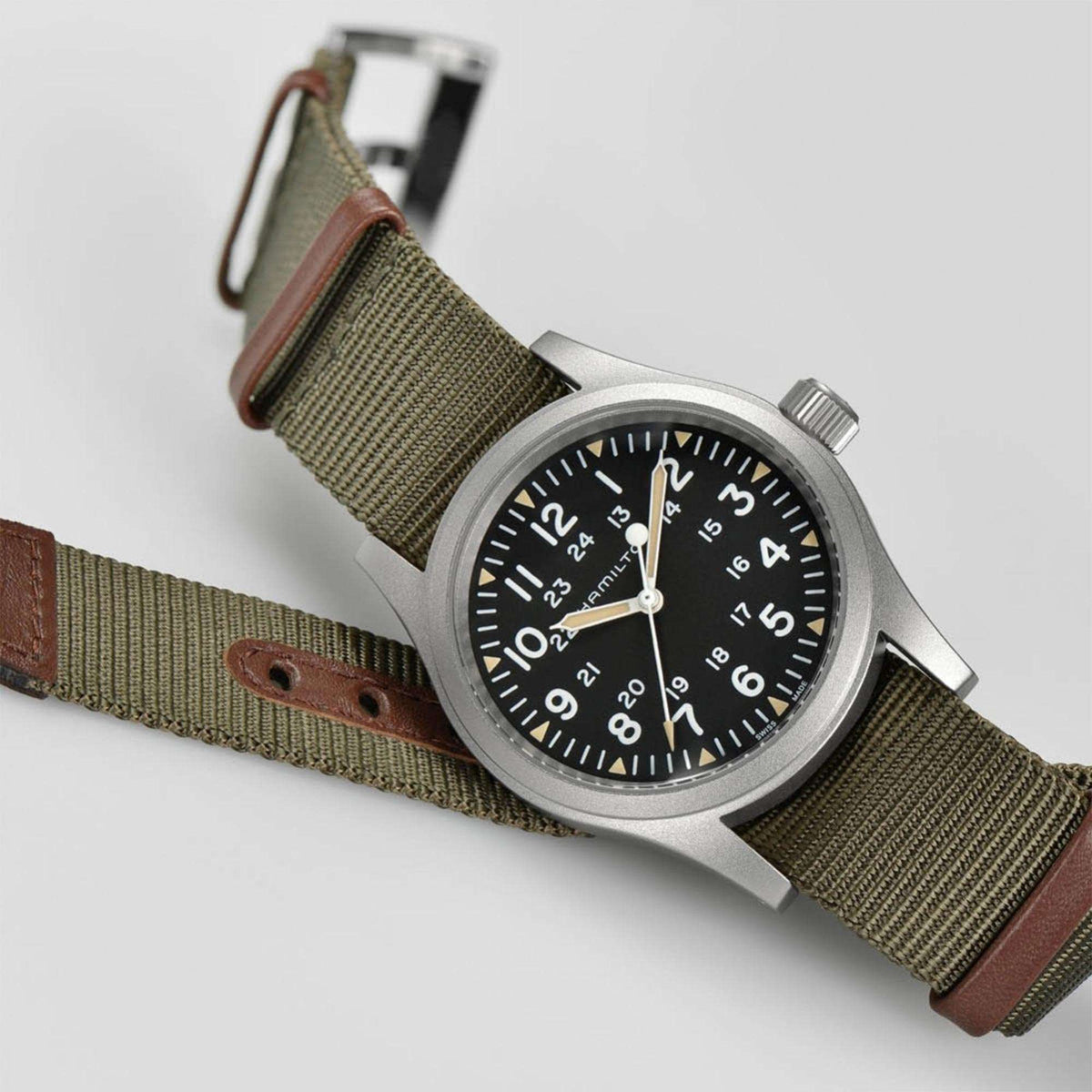 Hamilton Khaki Field H69439931 flat lay overhead view with unlooped strap