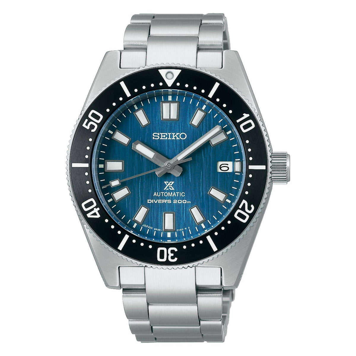 Front view of Seiko Prospex Glacier 1965 Mens Watch SPB297J1 highlighting its blue dial and black dive bezel.