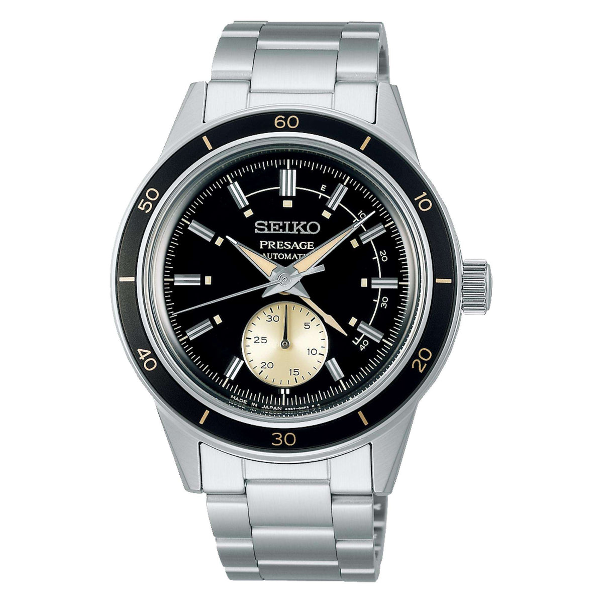 Men's stainless steel automatic watch with black dial, gold subdial, steel bracelet