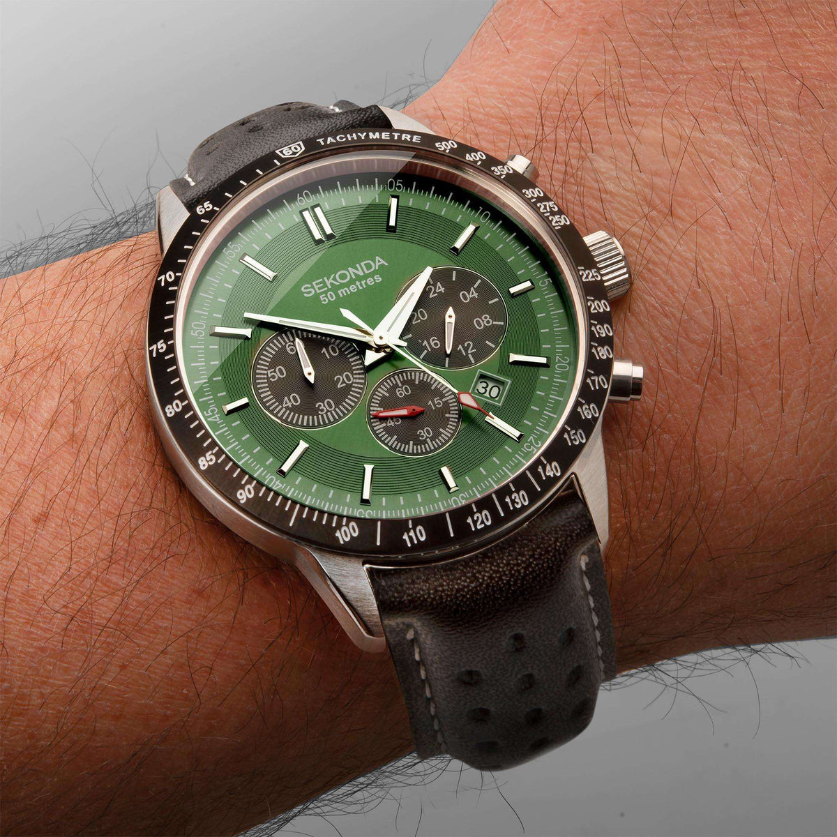 Sekonda men's chronograph watch with green dial and black leather strap
