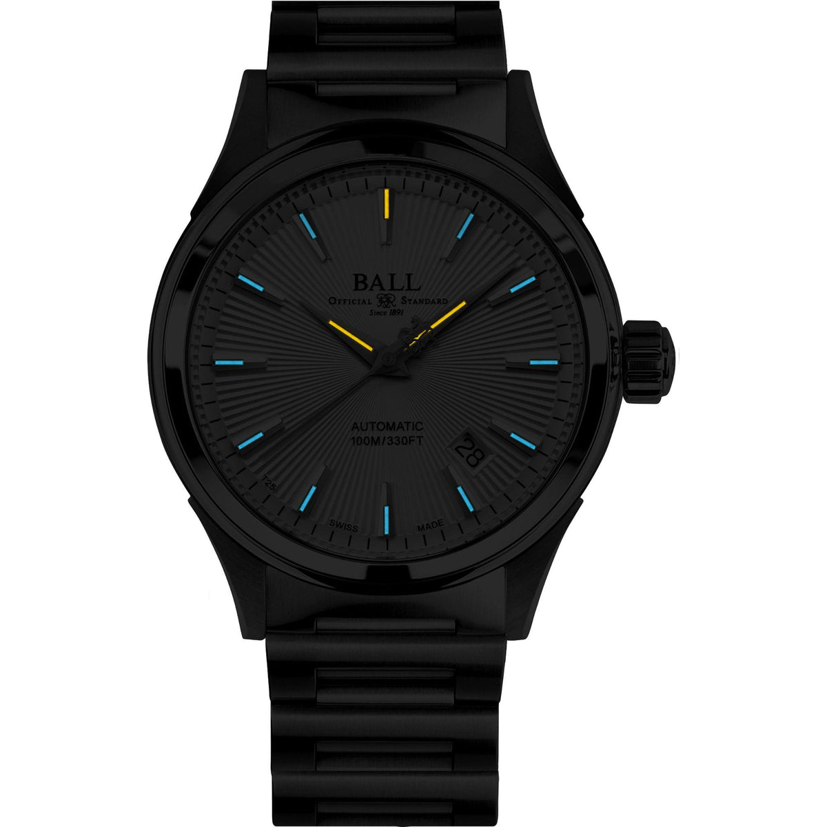 Men's automatic wristwatch with black dial, black silicone-style strap, and round case