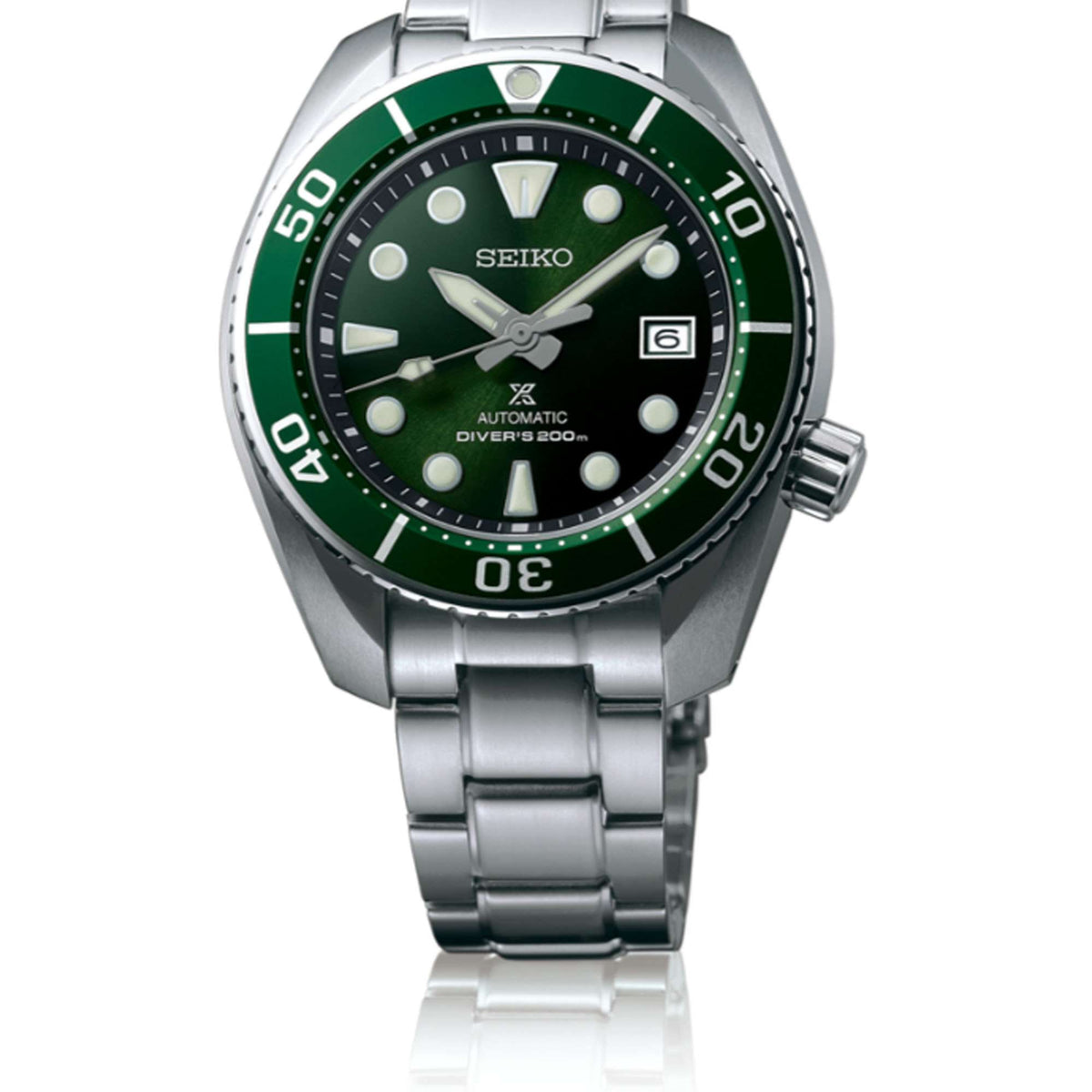 Men's diver watch front view, green dial with markers, stainless steel bracelet
