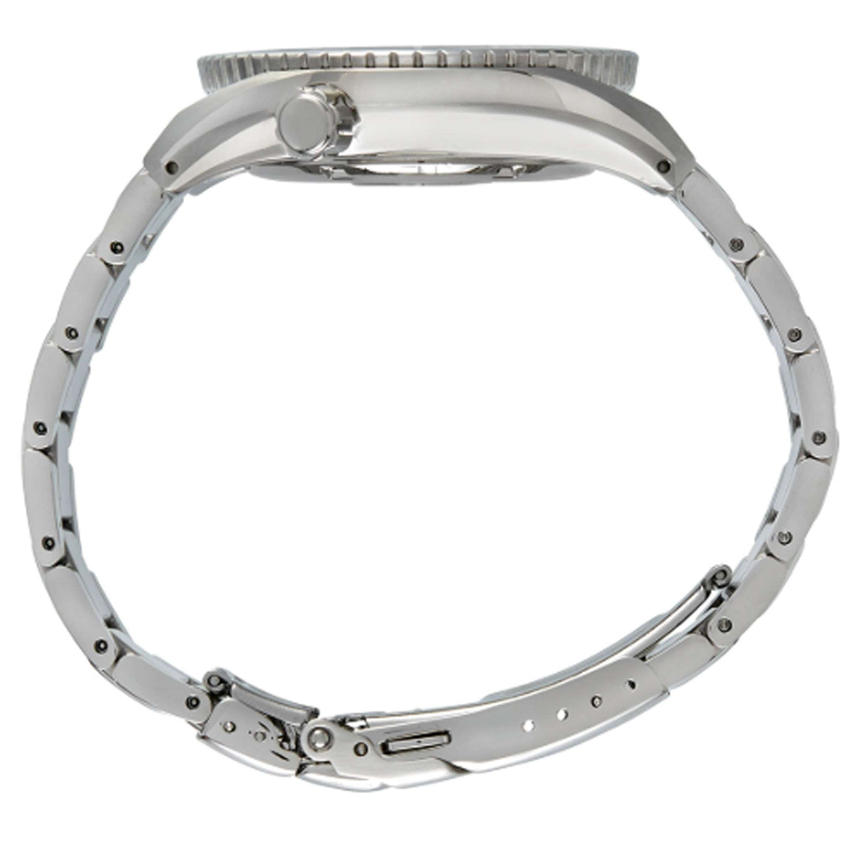 Men's stainless steel diver watch case and bracelet, side view