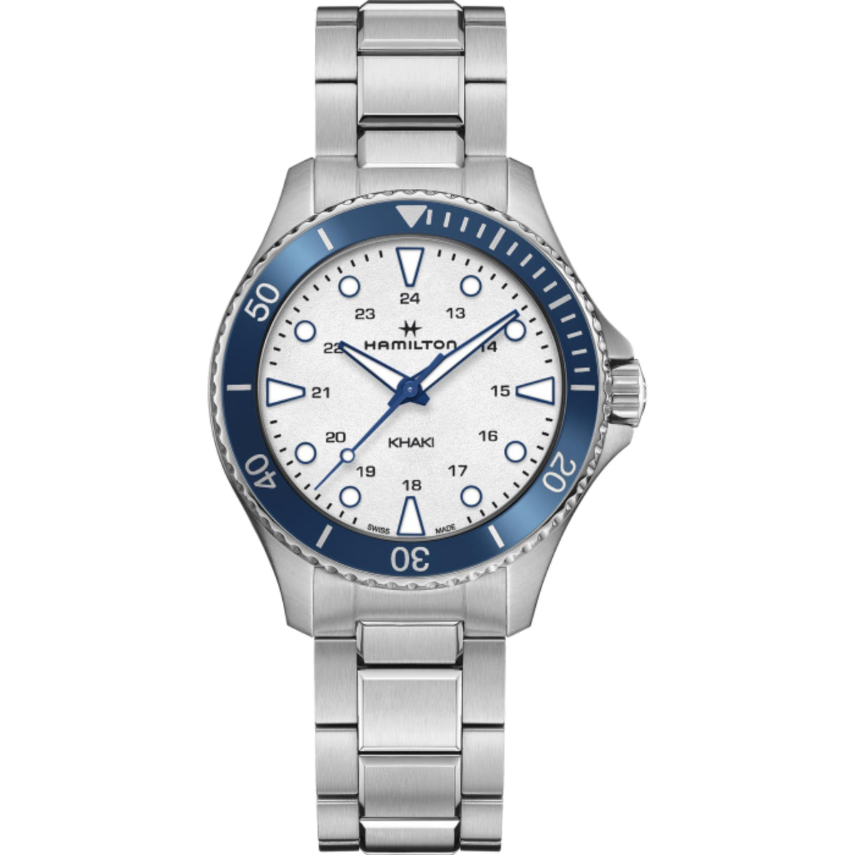 Hamilton Khaki automatic watch with white dial, blue bezel, and steel link bracelet.
