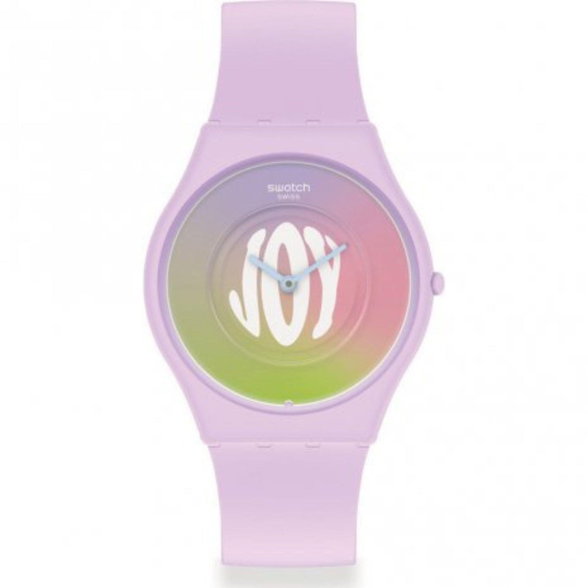 Purple bioceramic wristwatch with round dial and colorful graphic face