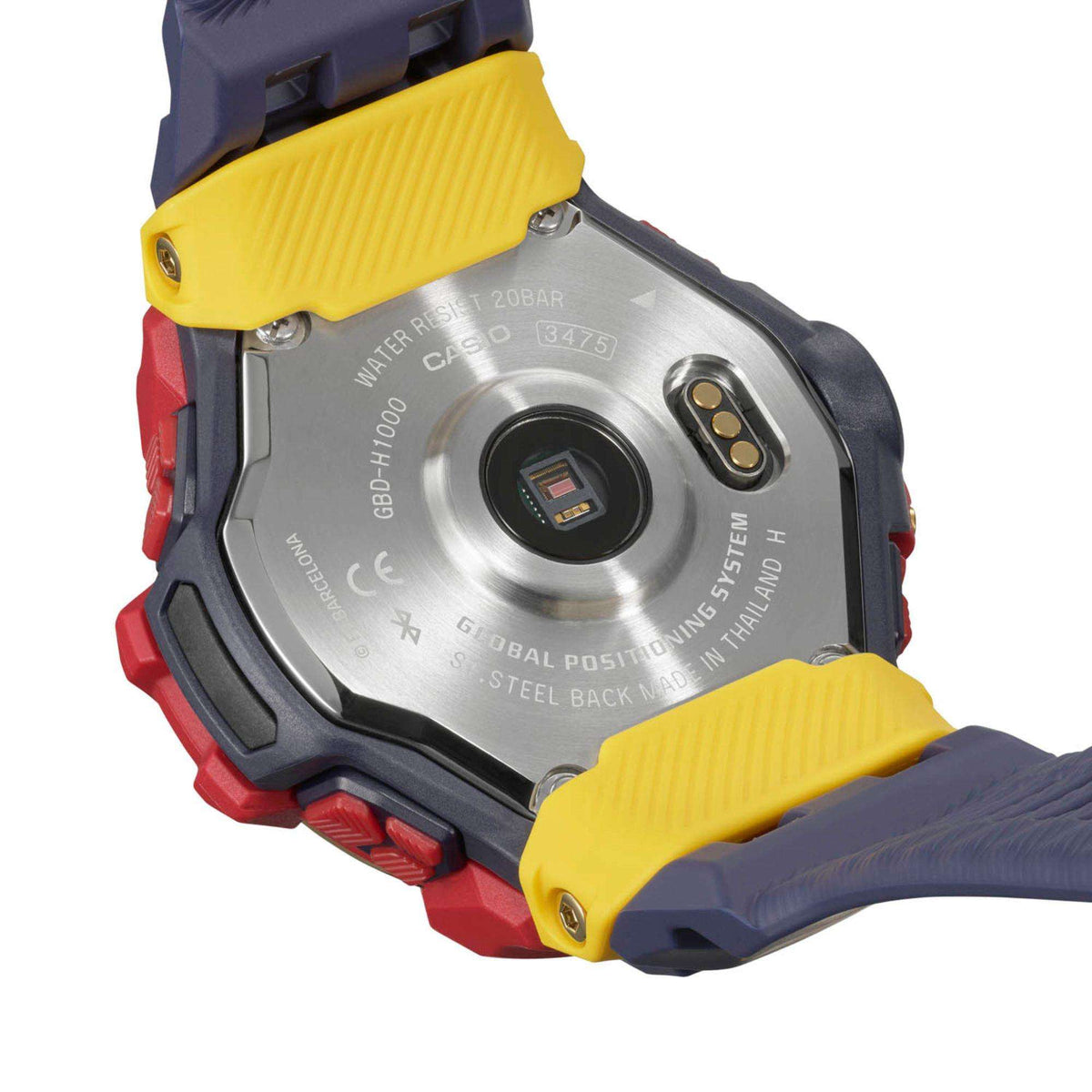 Casio G-Shock smartwatch backplate with screws and yellow strap inserts