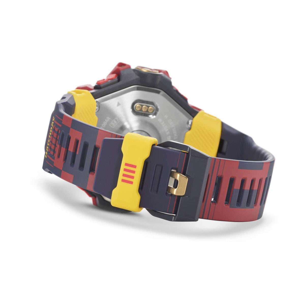 G-Shock smartwatch side view with resin strap and metal buckle